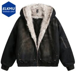 Vintage Denim Parkas Fur Warm Padded Jackets Men Streetwear Harajuku Oversized Bubble Coat Outwear