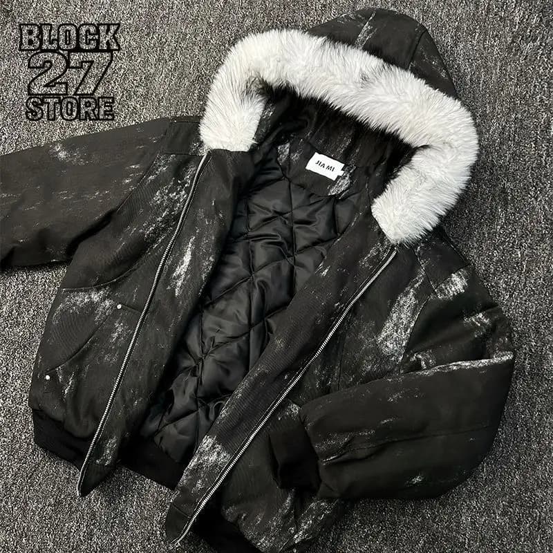 Mens Jacket Winter Streetwear Black Padded Coat Tie Dye Design Faux Fur Hood Zip Up Quilted Warm Outerwear Dark Retro Fashion
