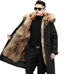 Men's Fashion Exra Long Parkas Faux Fur Lined Thick Warm Overcoat Long Fur Coat With Fur Hood Winter Thermal Outerwear