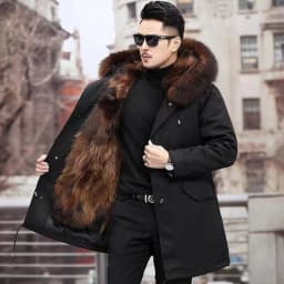 Men's Fashion Exra Long Parkas Faux Fur Lined Thick Warm Overcoat Long Fur Coat With Fur Hood Winter Thermal Outerwear