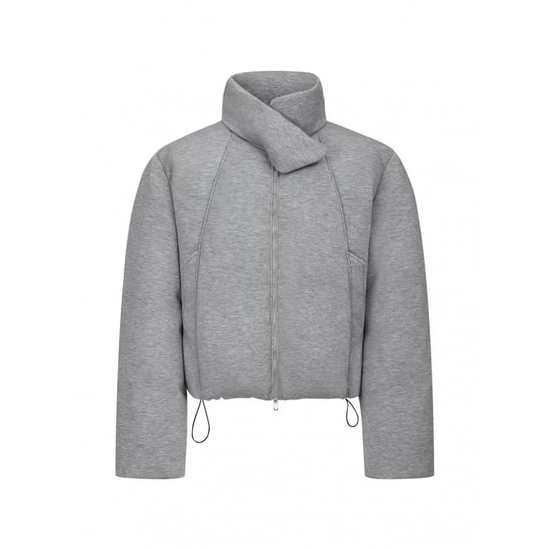 Men Unique Wrap High Collar Zip Up Padded Jacket Cropped Drawstring Hem Loose Light Quilted Coat Minimalist Streetwear Casual
