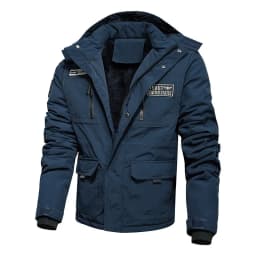 Mens Stylish Warm Parkas Autumn Winter Blue Plus Size Fleece Lined Parkas Zipper Loose Detachable Collar Solid Color Parkas
