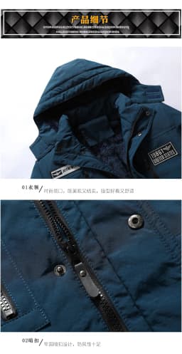 Mens Stylish Warm Parkas Autumn Winter Blue Plus Size Fleece Lined Parkas Zipper Loose Detachable Collar Solid Color Parkas