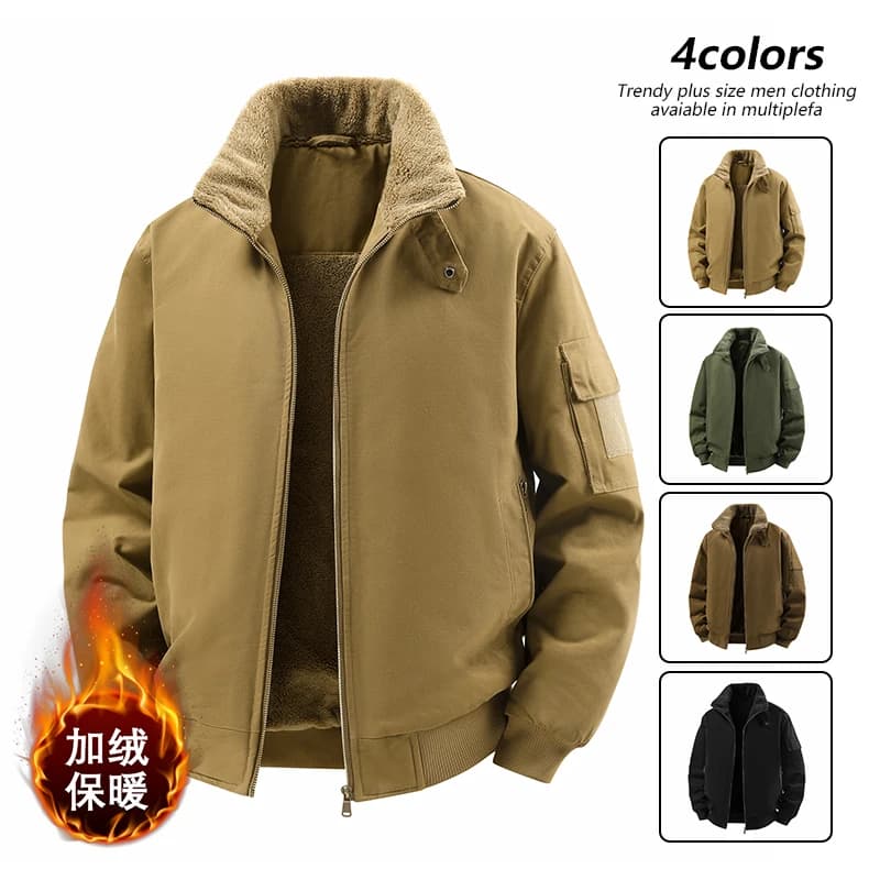 Male Reversible Washed Pure Cotton Fleece Lined Thick Jacket Multi Pocket Stand Collar Workwear Business Coat For Middle Aged