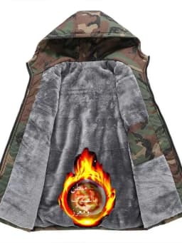 Men's Camouflage Fleece Lined Thickened Cotton Jacket Autumn Winter Warmth Outerwear Casual Zipper Closure Long Sleeve Coat