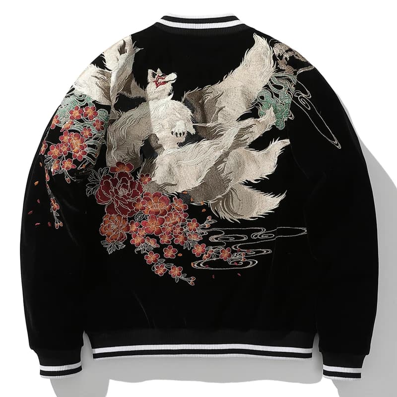 Afashion Spring Autumn New Heavyweight Baseball Collar Men's Jacket Nine-Tailed Embroidery Vintage Polyester Fiber Standar