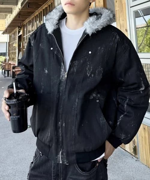 Mens Thick Fleece Lined Bomber Jacket Detachable Faux Fur Trim Hood Windbreaker Distressed Denim Style Zip Up Warm Coat Outwear