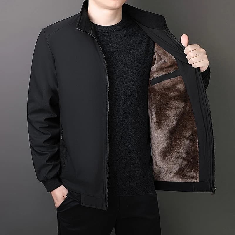 Oversize Fleece Lined Cotton Jacket Men Autumn Winter Thick Warm Business Stand Collar Coat For Middle Aged Fathers Daily Formal