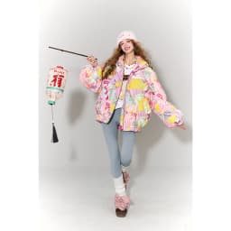 ELFSACK Y2K Anime Print Puffer Jacket Women Harajuku Kawaii Stand Collar Zip Up Oversized Winter Warm Padded Bubble Coat