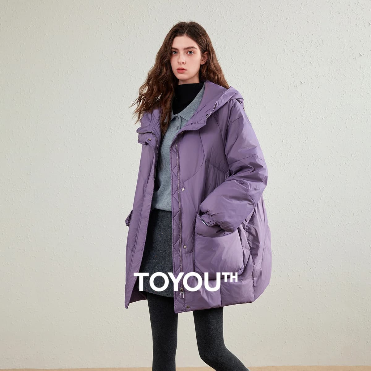 TOYOUTH Womens Down Jacket 2026 Winter New 90 White Duck Down Purple Hooded Large Pocket Warm Long Outerwear