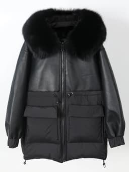 Maomaokong Real Fox Fur Collar Women's Winter Down Jacket Black Soft Faux Leather Fabric Patching Cool Oversized Zipper Fashion