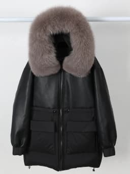 Maomaokong Real Fox Fur Collar Women's Winter Down Jacket Black Soft Faux Leather Fabric Patching Cool Oversized Zipper Fashion