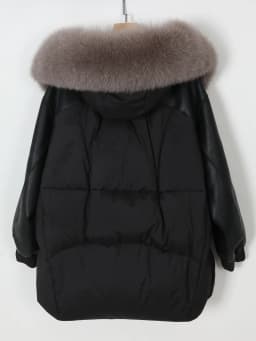 Maomaokong Real Fox Fur Collar Women's Winter Down Jacket Black Soft Faux Leather Fabric Patching Cool Oversized Zipper Fashion