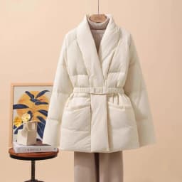 Schinteon Women White Duck Down Jacket Casual Loose Belt V-neck Collar Fashion Autumn Winter Outwear Korean Style Coat 2025 New