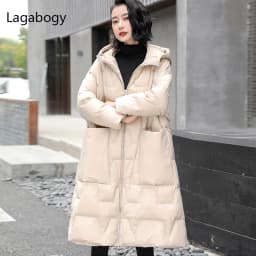 Lagabogy 2025 New Winter Women Oversize Long 90% White Duck Down Jacket Female Hooded Thick Warm Casual Pocket Parkas Snow Coat