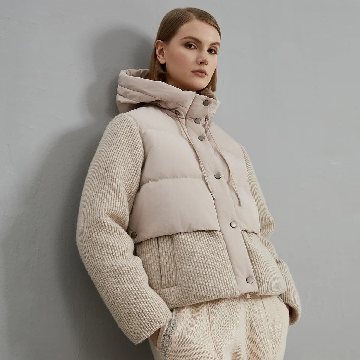 BC800 High Quality Luxury Wool Patchwork White Goose Down Jacket Winter Women's Clothing