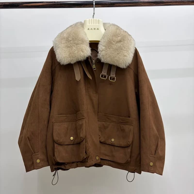 Women Oversized Loose Parka Real Shearling Fur Collar Goose Down Liner Winter Coat Big Pockets Drawstring Hem Warm Outerwear