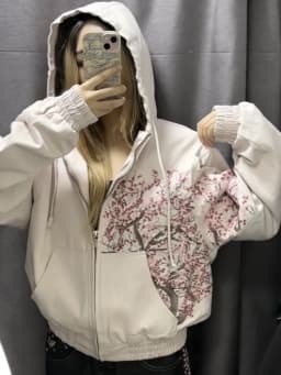 American Harajuku Sakura Retro Embroidery Pink Hoodie Y2K Jacket Men Women Gothic Streetwear Oversized Casual Fashion Outerwear