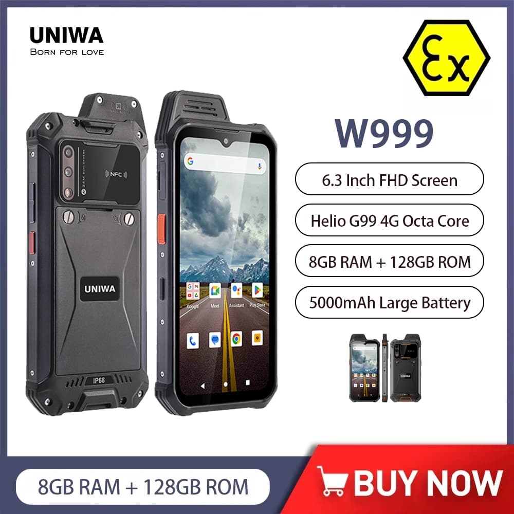UNIWA W999 Rugged Smartphone ATEX Waterproof Explosion proof Mobile Phone 8GB+128GB 6.3Inch Helio G99 FHD 5000mAh Andriod 13 NFC