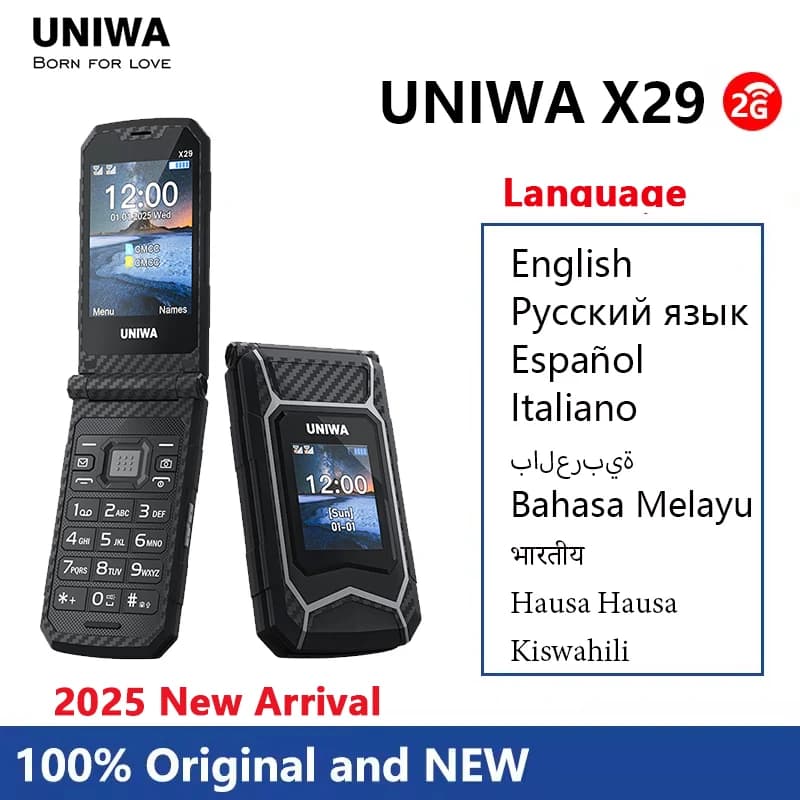 UNIWA X29 GSM Flip Phone 2.8 Inch Double Screen Dual SIM Big Font Big Button For Senior 2000mAh Wireless Radio Russian Keyboard