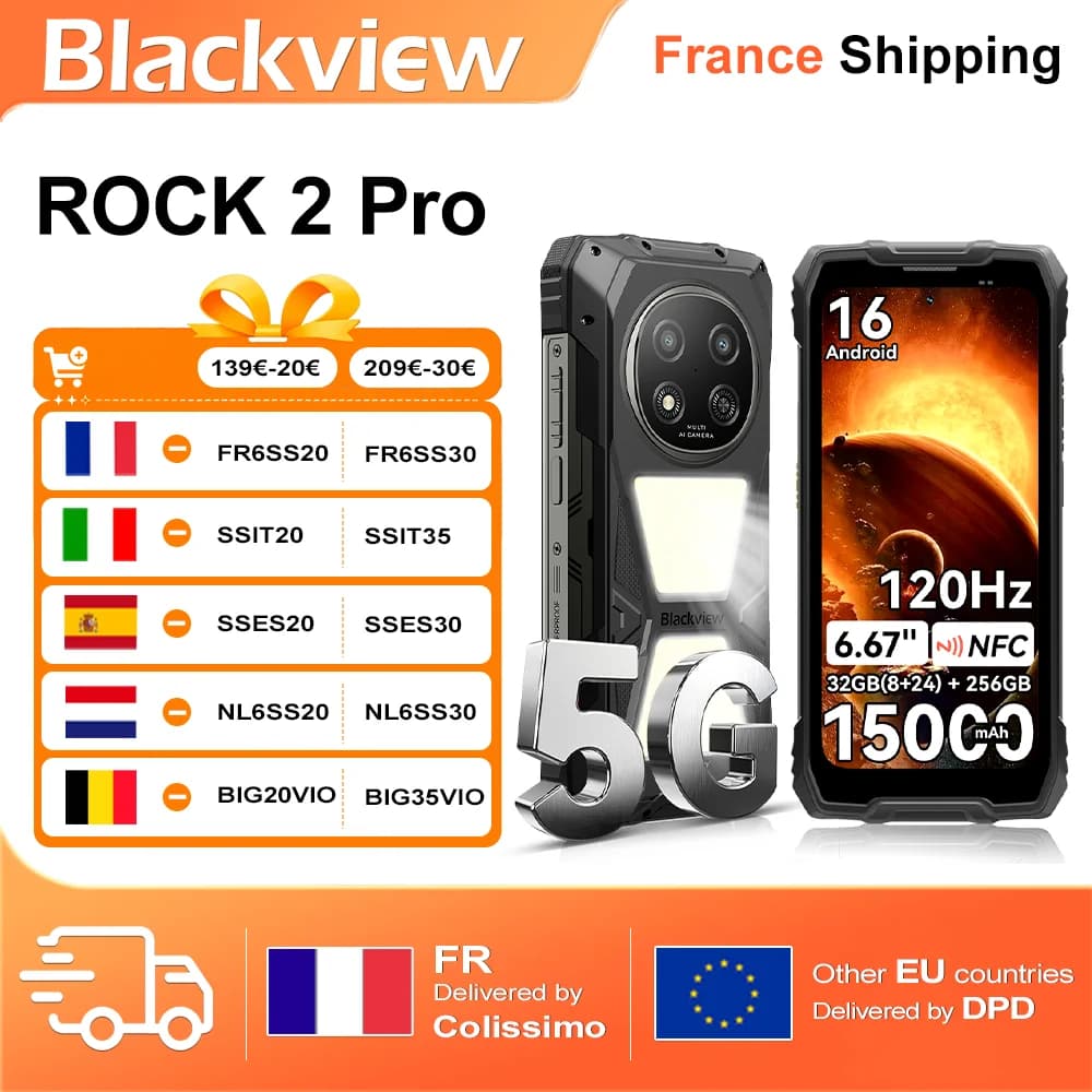 Blackview 5G ROCK 2 Pro Rugged Smartphone 32GB(8+24)+256GB 6.67 inch IPS 120Hz 400lm Camping Light Android 16 15000mAh 33W NFC