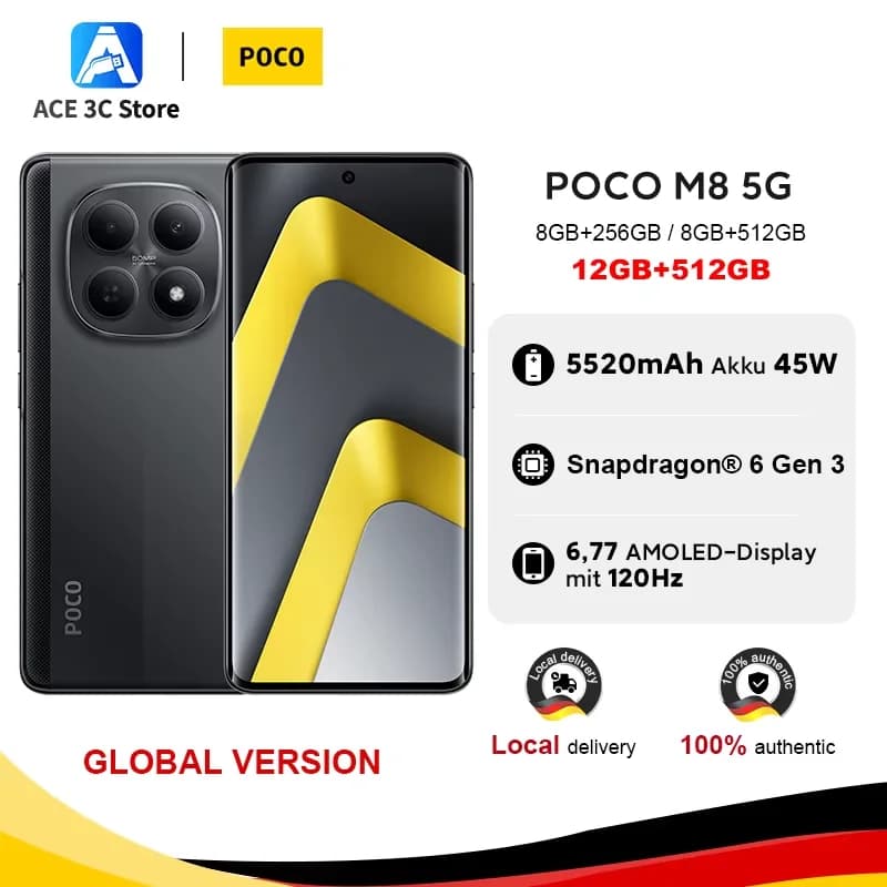 Global Version POCO M8 5G 512GB 256GB Snapdragon 6 Gen 3 Smartphone 6.77" Amoled Display 50Mp Camera 5520Mah Battery 45W Xiaomi Cellphone