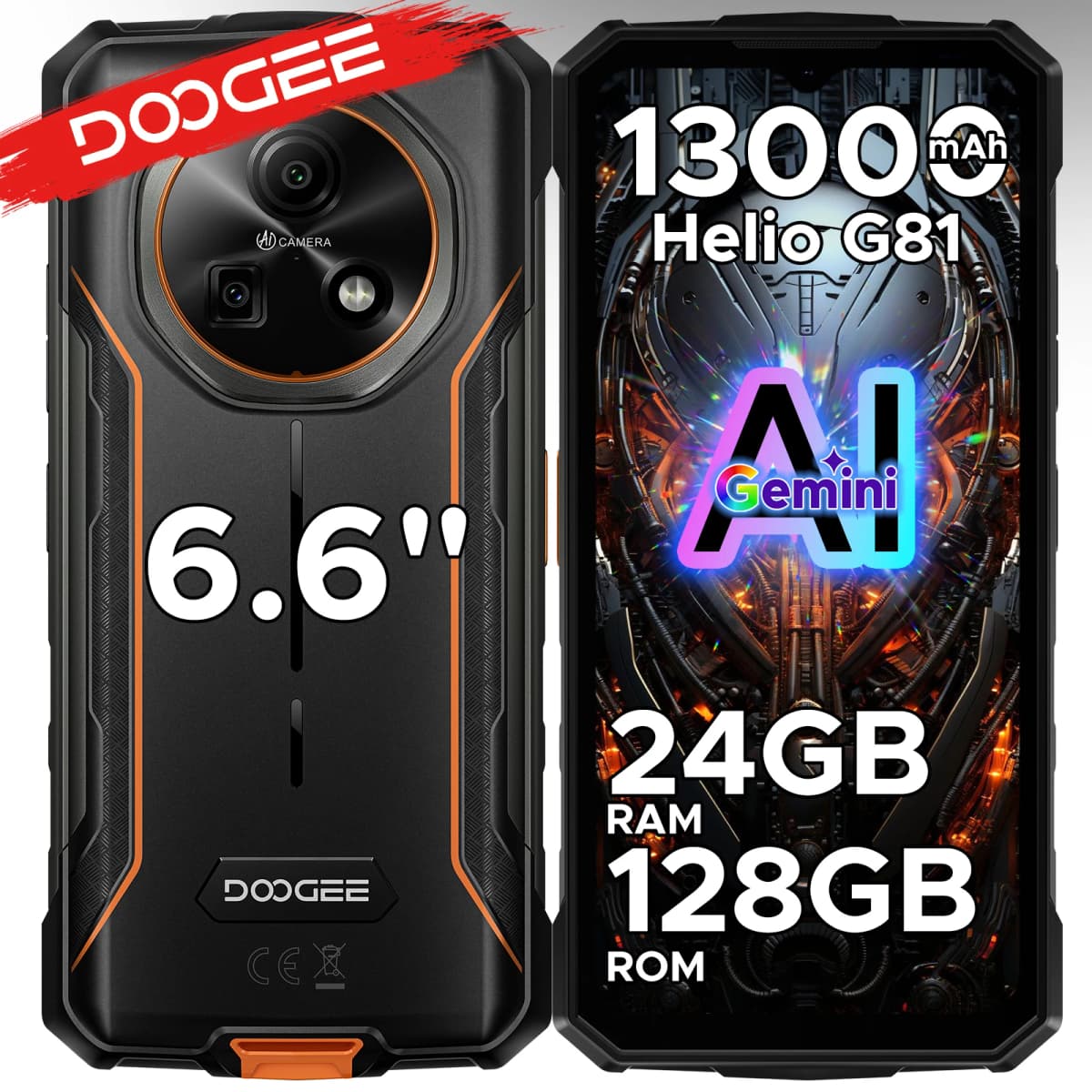 DOOGEE Fire 5 Pro Gemini Ai Rugged Phone 13000mAh Battery Helio G81 24GB RAM (4+20) 128GB ROM 6.6" 90Hz Global Version Smartphones