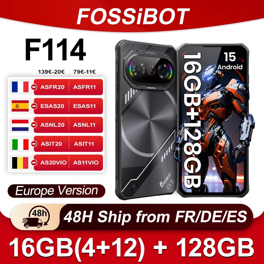 Fossibot F114 Android 15 Ultra-thin Rugged Phone 16GB(4+12) 128GB 50MP+8MP+2MP Camera 5000mAh 18W 6.67''HD+ Display Smartphone