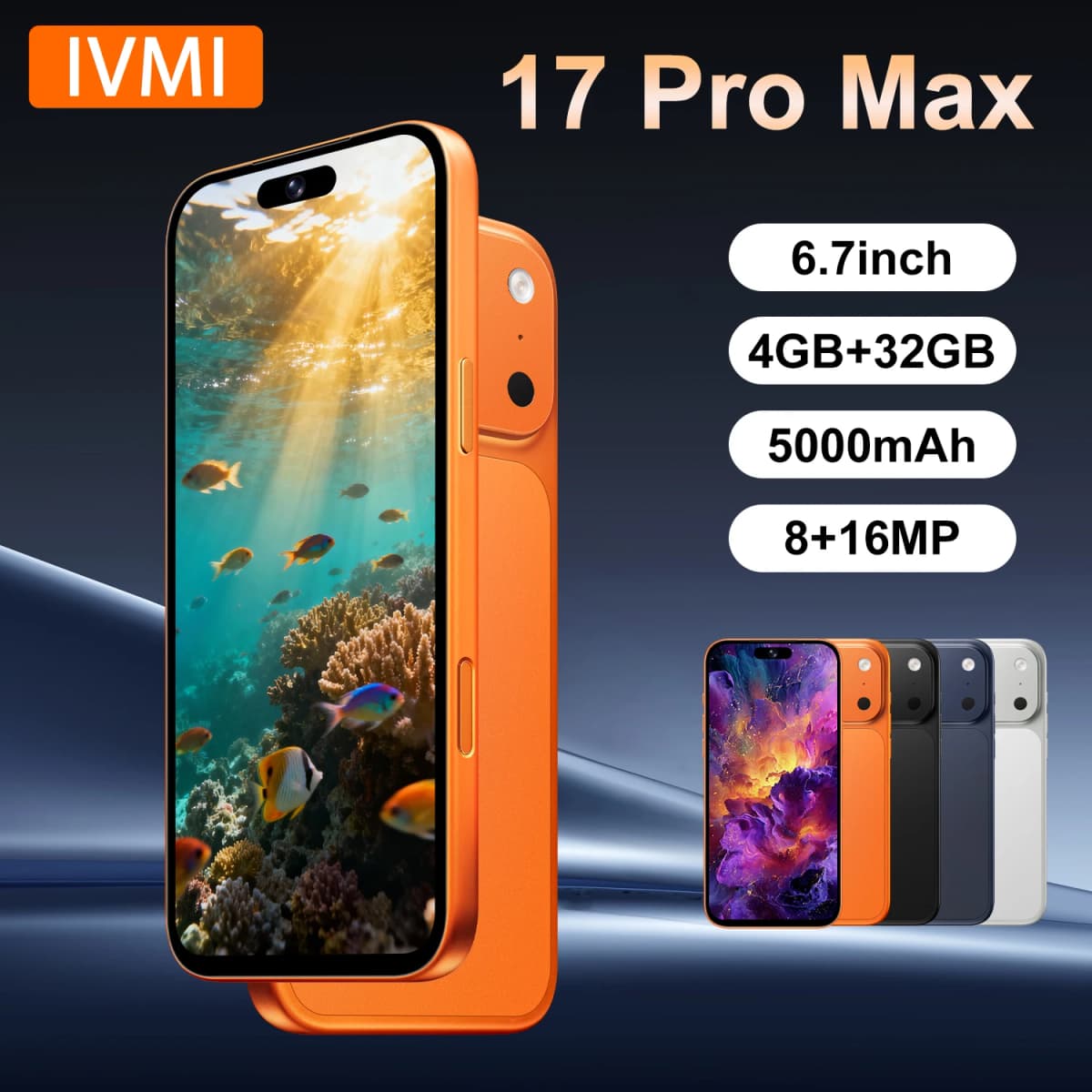 IVMI 17Pro Max Smartphones Android12.0 Dual SIM 6.7" 4GB RAM 32GB ROM Google Play Store 4G Fingerprint Face Unlock Mobile Phones