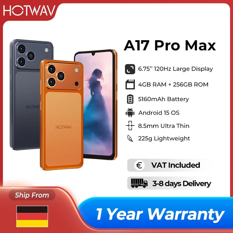 HOTWAV A17 Pro Max Smartphone 6.75'' 120Hz 4GB 256GB Mobile Phone Android 15 5160mAh Thin Cellphone with 3.5mm Headphone Jack