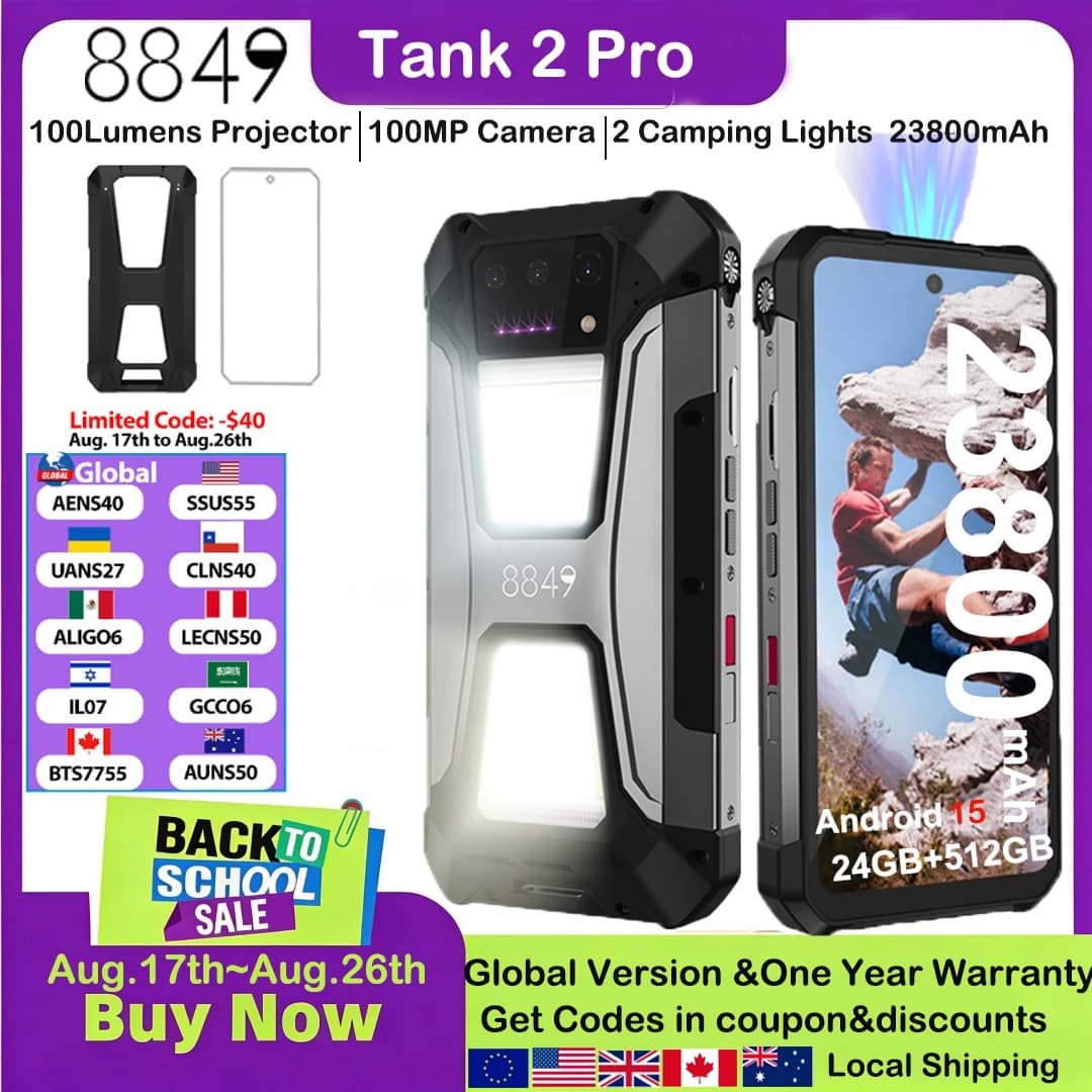8849 Tank 2 PRO Rugged Smartphone with Projector 6.79" 2.4K Display 24GB 512GB Mobile Phone 23800mAh 120W Android 14 Phone
