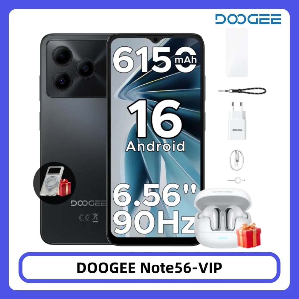 DOOGEE Note 56 Android 16 Smartphone 6150mAh Large Battery 6.56" 90Hz Display 24GB 64GB 8MP+5MP Face Unlock Cell Phone