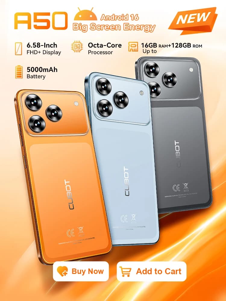Smartphone Android 16 Cubot A50, 6.58-inch FHD+ Screen, Octa-core, 16GB(6+10) RAM, 128GB ROM, 5000mAh Battery, 48MP+16MP Cam,NFC