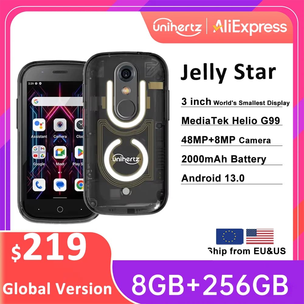 Unihertz Jelly Star Smallest Android 13 Smartphone 8GB 256GB Led Light Transparent Backshell Mobile Phone 48MP 3inch Cellphones