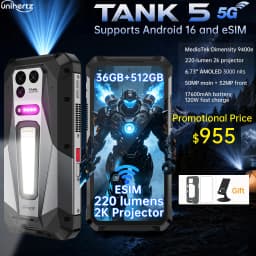 Unihertz 8849 TANK 5 Rugged 5G Smartphone with 2K Projector 9400e CPU 3K AMOLED 17600mAh 18+512GB Support ESIM WiFi 7 Android 16