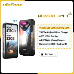 Ulefone Armor 34+ 5G Rugged Phone Smartphone Android 15 25500mAh 66W Up to 32GB+512GB 6.95" 120Hz Display Versatile LED Light