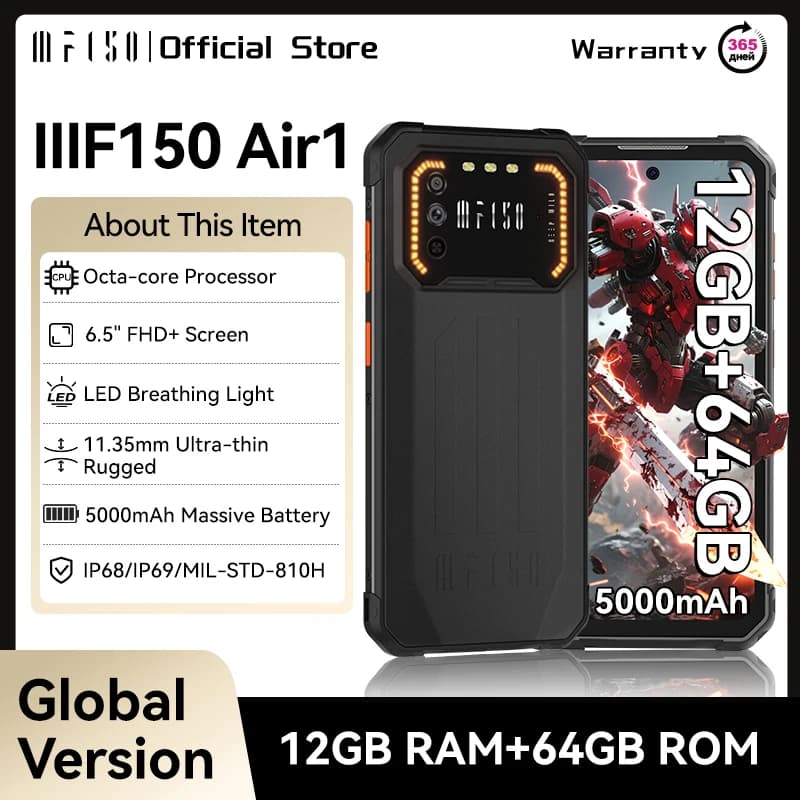 IIIF150 Air1 Smartphone 6.5" FHD+ Display 12GB+64GB NFC 5000mAh IP68 IP69K STD-810G 11.35mm Ultra-Thin Rugged Phone