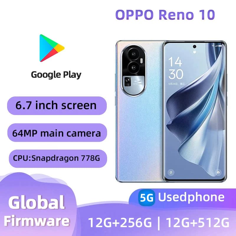 OPPO Reno 10 5G Cell Phone Android CPU Snapdragon778G 6.7inch OLED 80W SuperVOOC 4600Mah Battery NFC 64MP Camera used phone