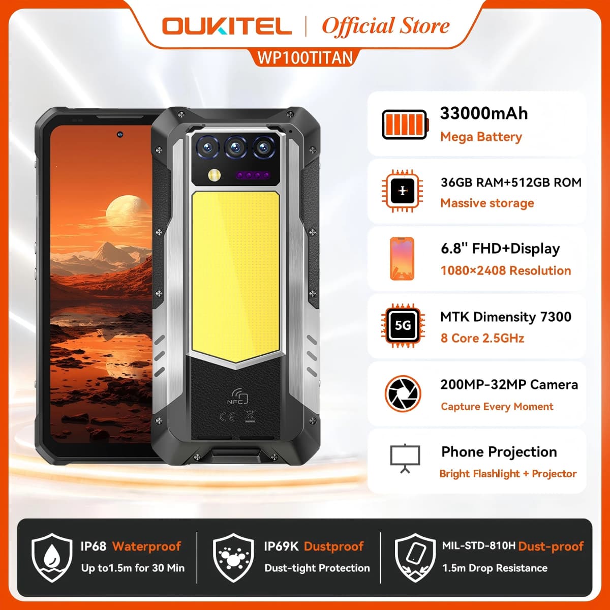 Oukitel WP100 Titan Rugged Phone 33000mAh 66W Charger 200MP Camera Built-in Projector Camping Light CellPhone, NFC 5G Smartphone