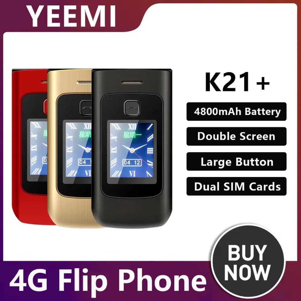 YeeMI K21+ 4G Flip Phone for Elderly Big Button Long Battery 2.6 Inch Screen 4800mAh Dual SIM Dual Screen Feature Phones Durable