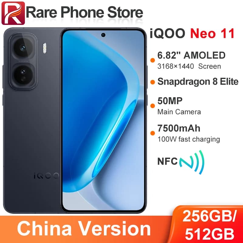 China Version iQOO Neo 11 6.82” AMOLED Scree Snapdragon 8 Elite 100W 7500mAh Battery 50MP+16MP Camera With Multilingual NFC