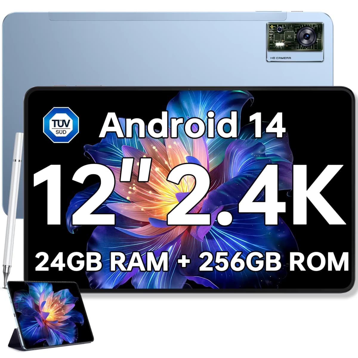 OUKITEL OT5S Android 14 Tablet - 12 Inch 2K Display, 24GB+256GB, 8250mAh, 16MP/4G Dual SIM/5G WiFi/TÜV/GPS/Includes Pen and Case