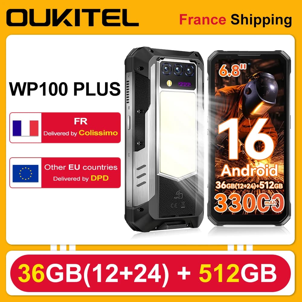 OUKITEL WP100 Plus Rugged Phone 36GB(12+24)+512GB ESIM Chip 6.8'120Hz Display Camping Light 33000mAh 66W Fast Charging 64MP+20MP+2MP Smartphone Android 16 NFC Gemini AI MediaTek Helio G100