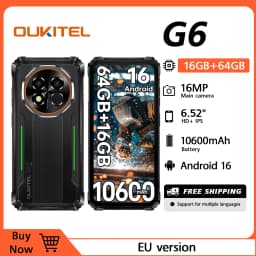 OUKITEL G6 Rugged Smartphone Unlocked -16GB+64GB/1TB TF 6.52” HD Display IP68/IP69K Rugged Android16 Phone, 10600mAh Battery 16MP NFC Dual SIM 90Hz Mobile Phone Rugged Phone