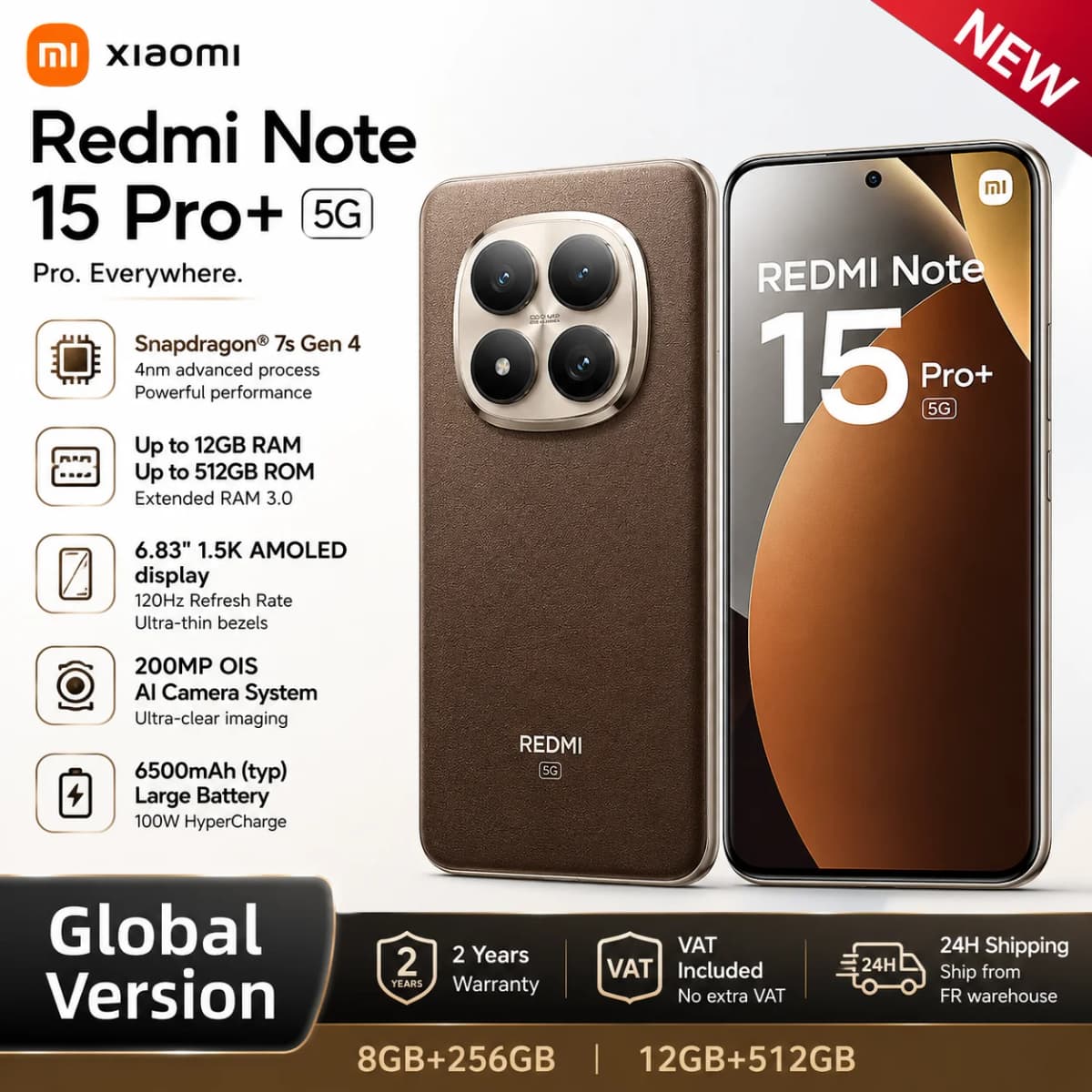 Xiaomi Redmi Note 15 Pro Plus 5G Global Version 6.83" 120Hz AMOLED Smartphone Snapdragon 7s Gen 4 200MP OIS Camera 6500mAh 100W Fast Charging NFC