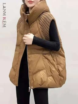 LANMREM Winter Versatile Dowm Vest For Women Hooded Knitted Sleeveless Spliced Solid Color Coat Casual 2024 New Clothing 2VV302