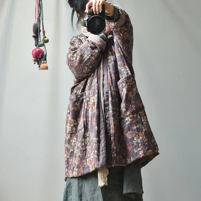 Johnature Women Vintage Print Floral Parkas Cotton Linen Coats Button V-Neck Long Sleeve 2025 Winter New Warm Female Long Coats