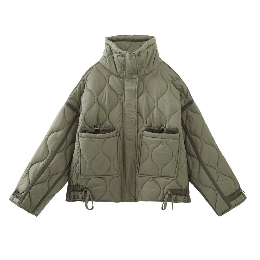 2027 Autumn Winter Women's Vintage Quilted Army Green Padded Coats Lady Elegant Drawstring High Neck Pockets Cotton Jacket Parka