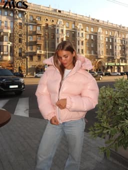 Solid Glossy Zipper Hooded Coats Women's Warm Elastic Waist Pleated Short Cotton Jacket 2026 Winter New Lady High Street Outwear