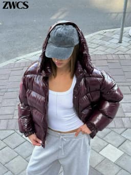 Solid Glossy Zipper Hooded Coats Women's Warm Elastic Waist Pleated Short Cotton Jacket 2026 Winter New Lady High Street Outwear